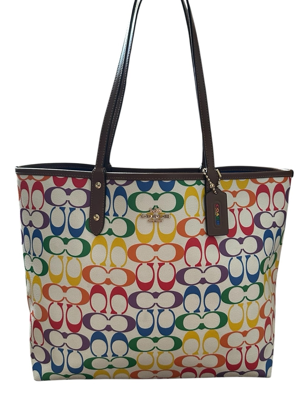 Coach 🌈 Reversible Rainbow 💙 Blue Signature City Tote Bag – Dual Styling EUC
